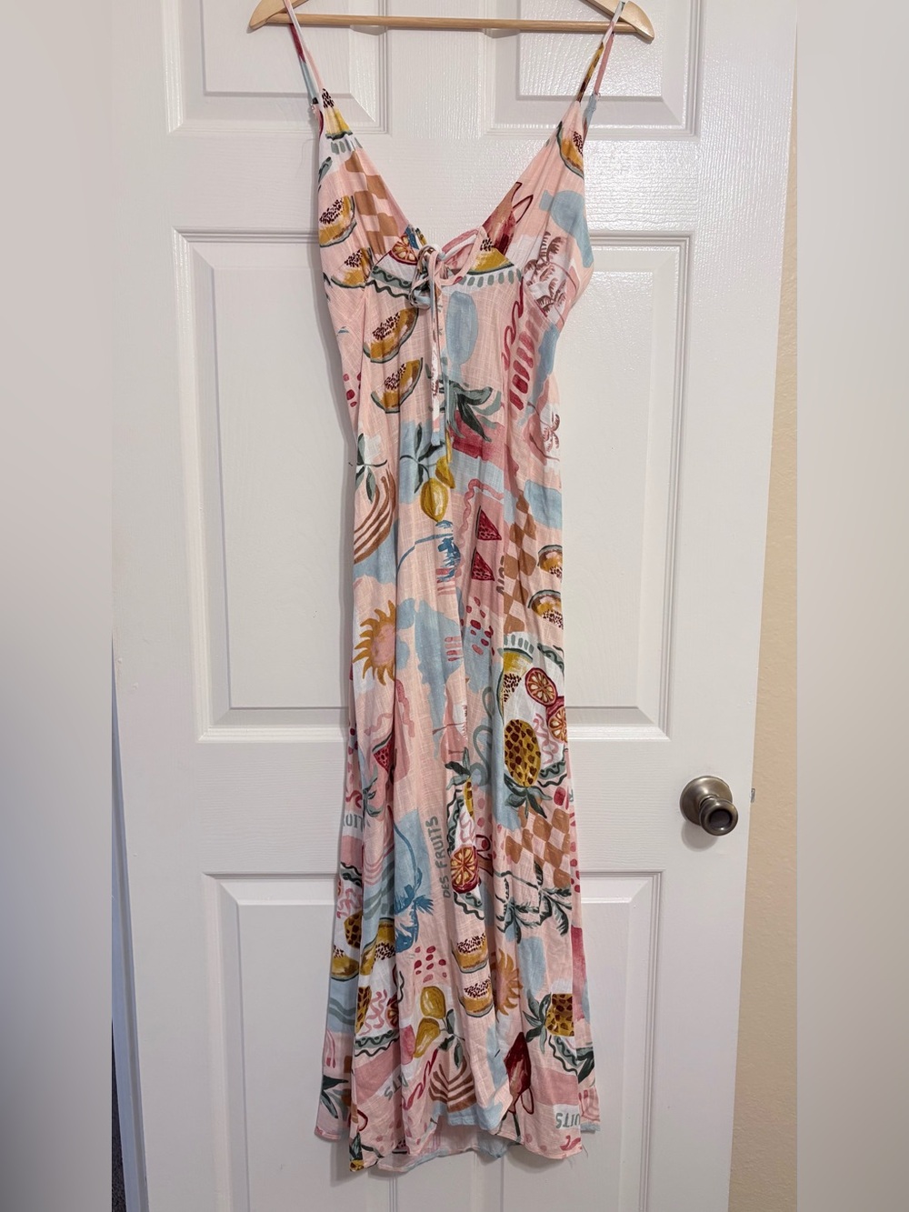Anthropologie Paper Heart Tropical Fruit Peach Blue Maxi Dress Linen Blend NWT M - Picture 3 of 6